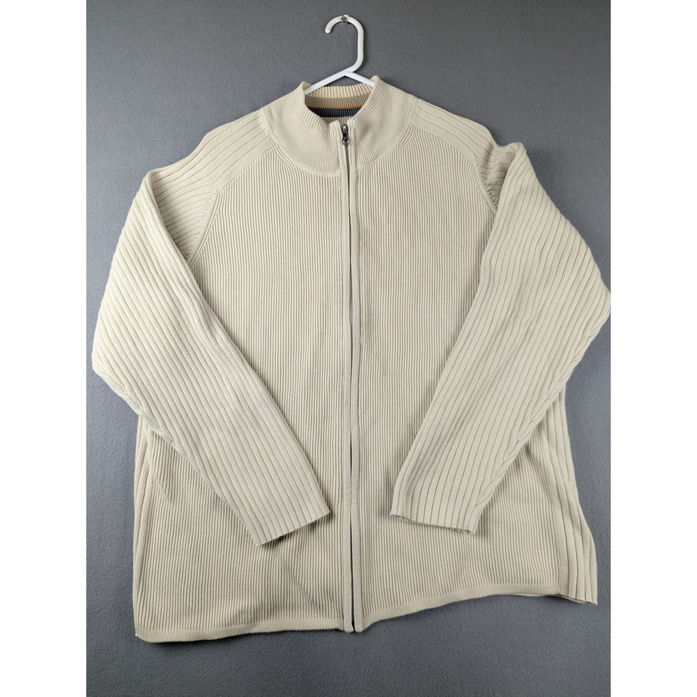 Tommy Bahama Indigo Palms Mens XXL Full Zip Ribbed Cotton Cardigan Sweater Beige